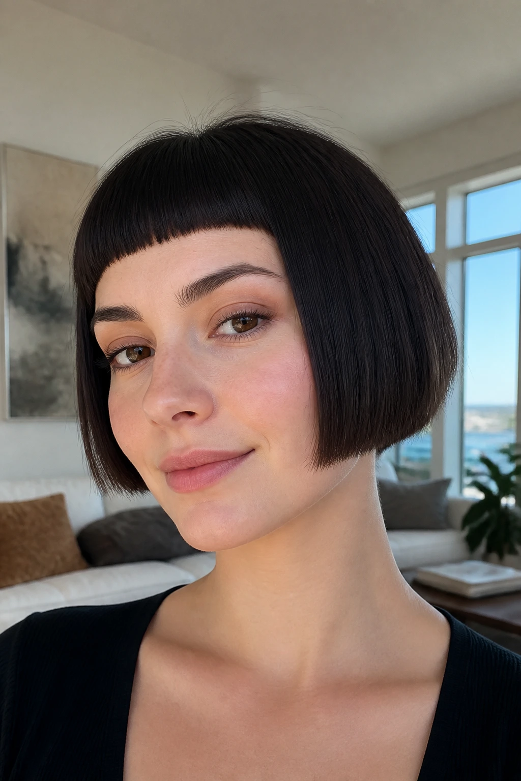 Close-up portrait of a real woman with boxy bob and baby bangs in bright living room light.