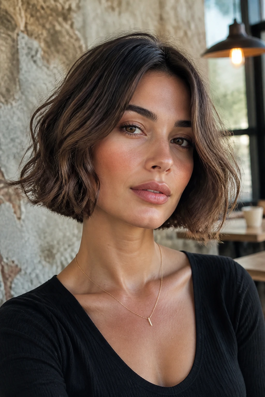 Close-up of a real woman with a boxy bob and broken texture