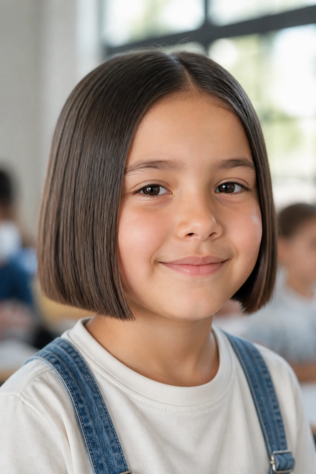 Close-up of a real girl with a blunt boxy straight bob.