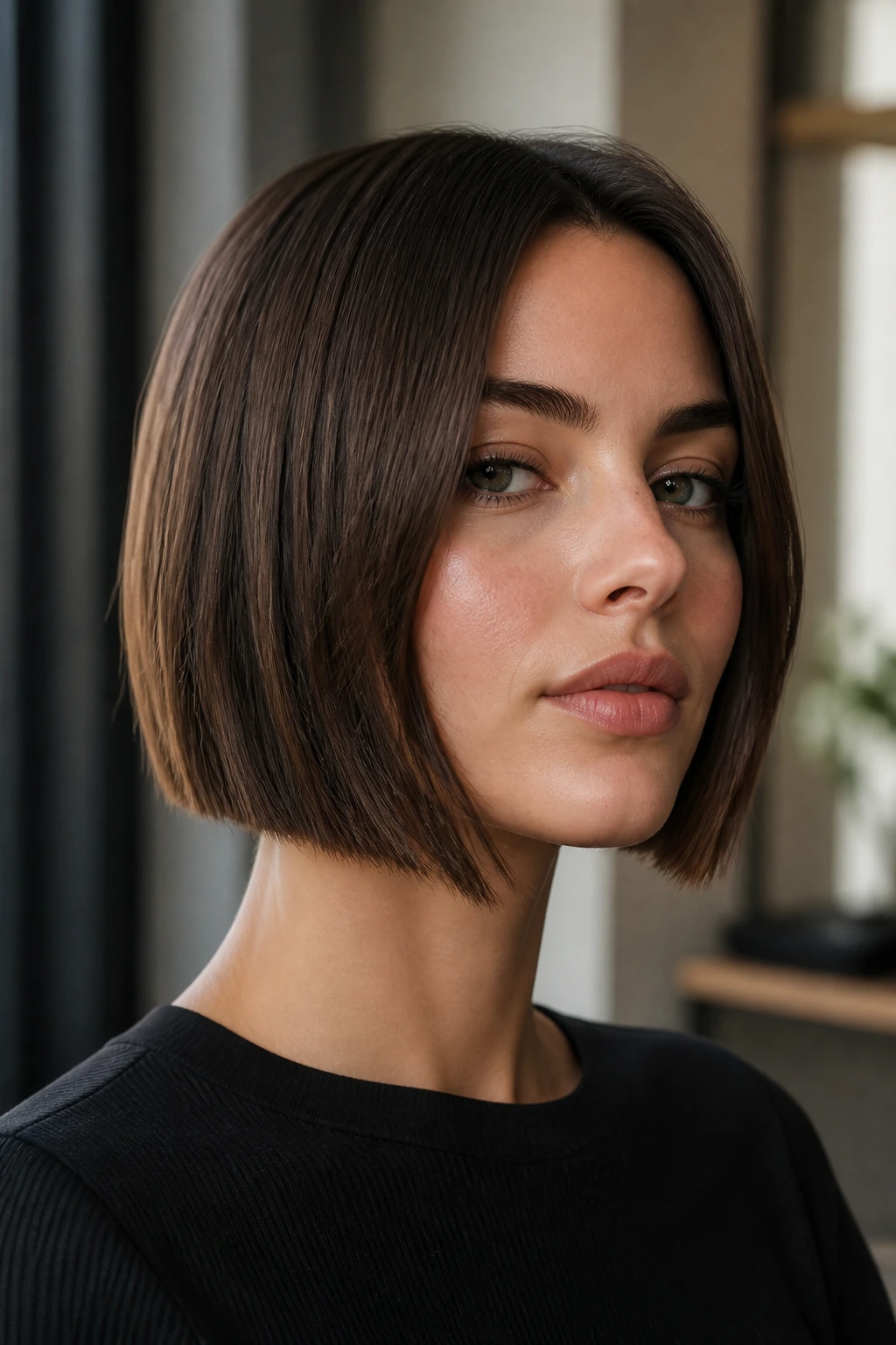 Real person with a boxy bob and chopped corners