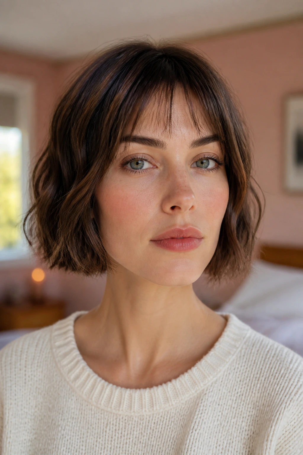 Close-up portrait of a real woman with a boxy bob and barely-there fringe in a cozy bedroom window light.