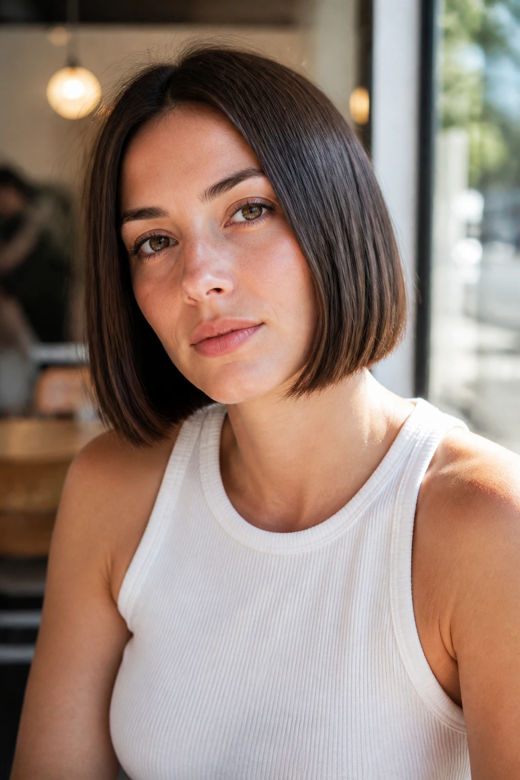 Close-up of a real woman with a boxy bob and barely-there layers in a sunlit cafe