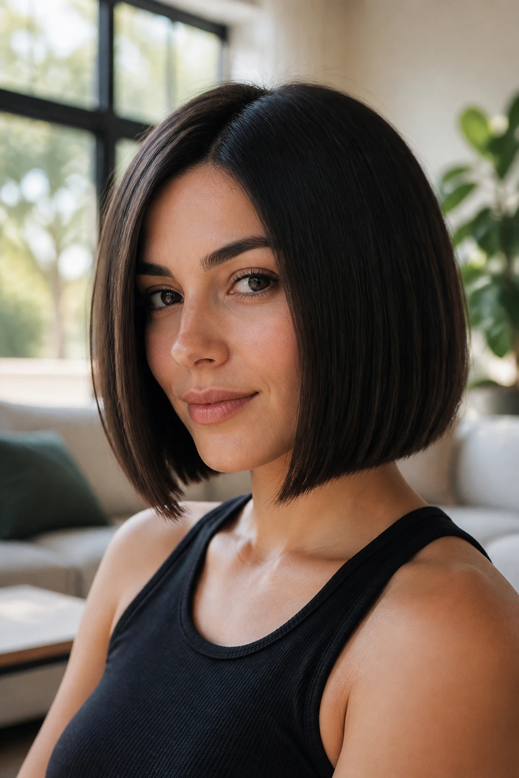 Close-up of a real woman with a blunt boxy bob for thick straight hair in natural light