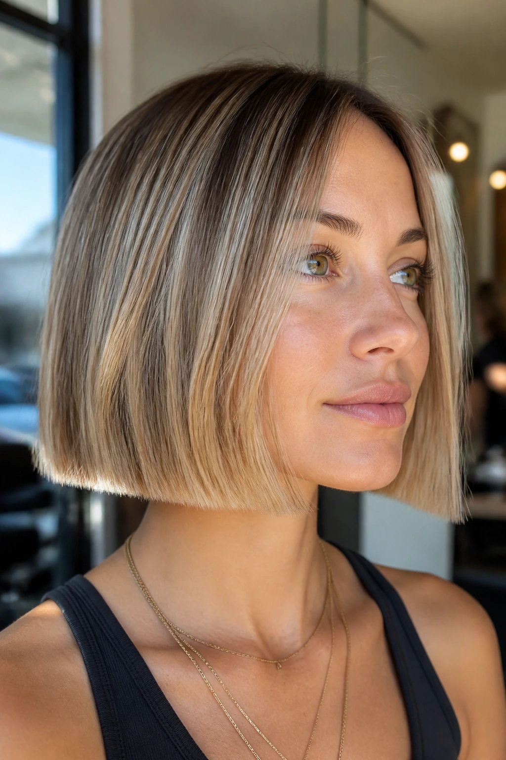 Close-up of a real woman with a boxy chin bob and peekaboo ribbons beneath the top layer