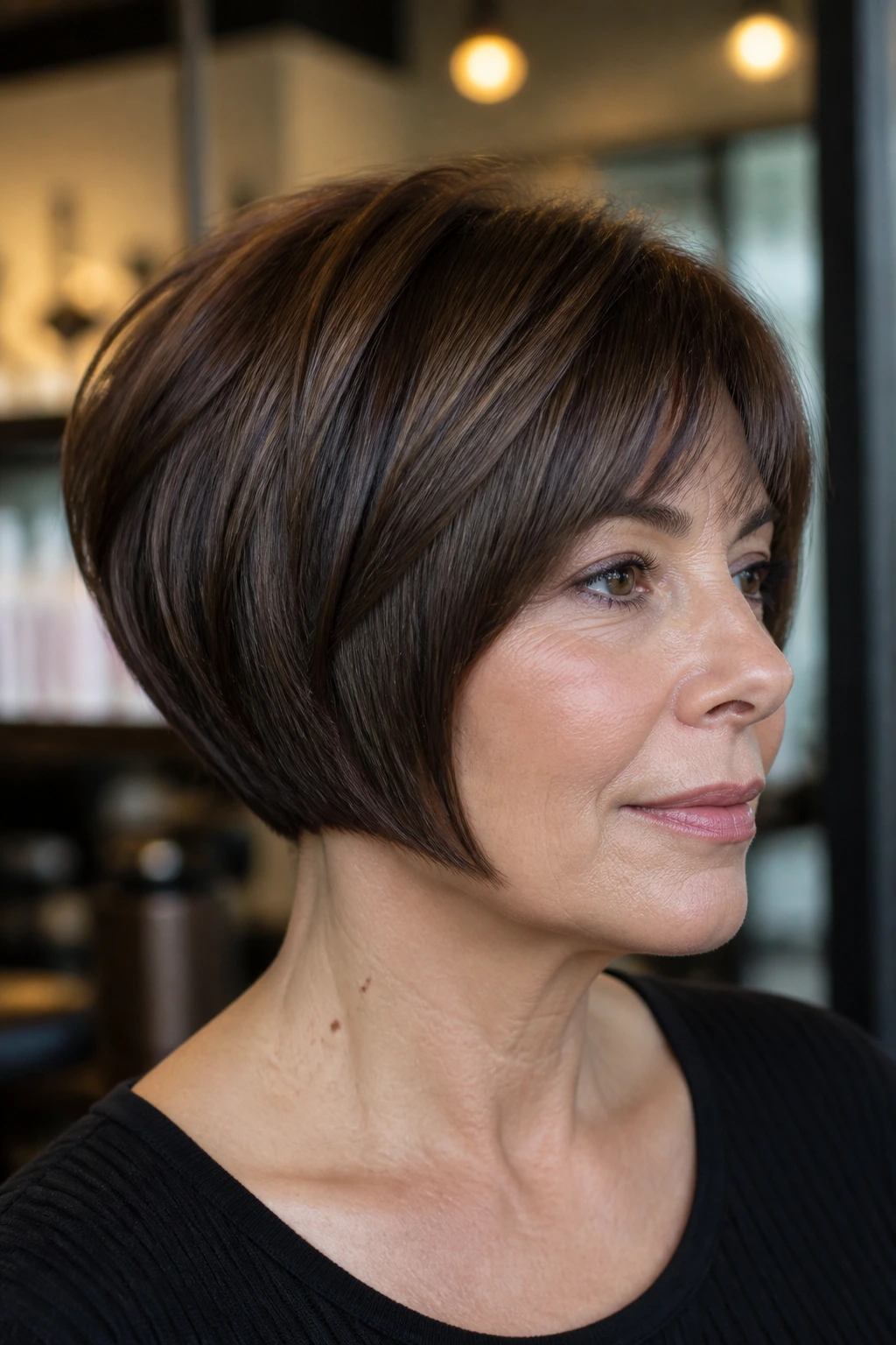 Close-up portrait of a real woman with a boxy contour pixie bob in salon window light