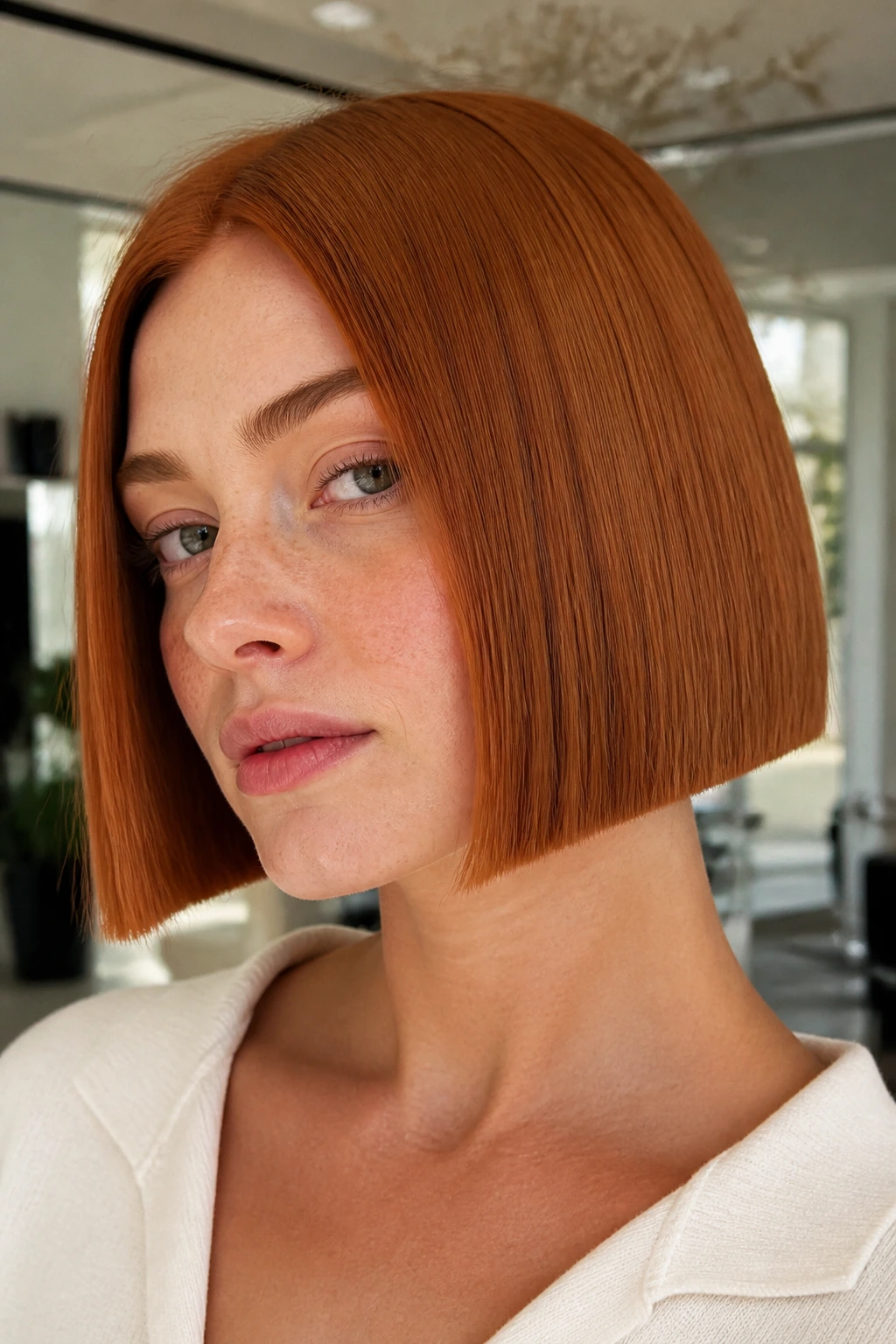 Close-up portrait of a real person with a boxy copper bob showing strong lines and corners