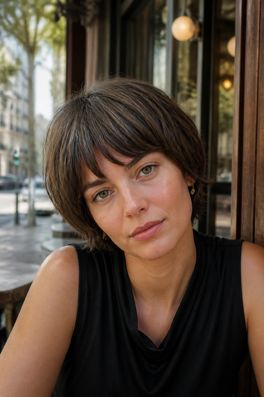 Close-up portrait of a woman with a boxy crop shag and arched bangs in daylight