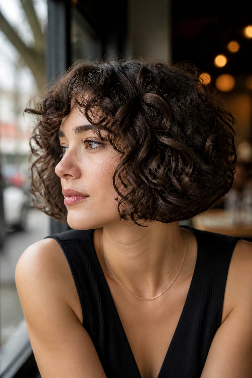 Close-up of a real person with a boxy curly bob and heavy perimeter, showcasing a squared, dense silhouette.