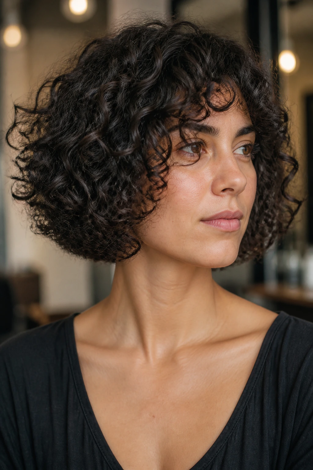Real woman with dense, boxy bob in a soft salon setting