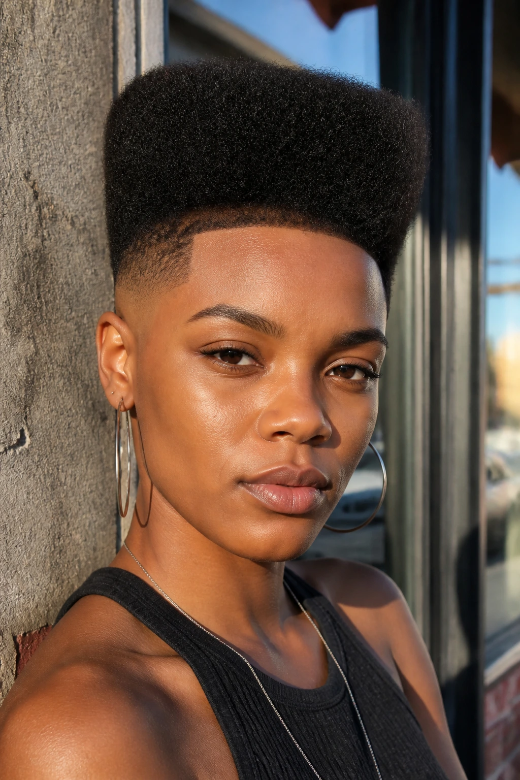 Close-up portrait of a real Black woman with a boxy flat-front high top