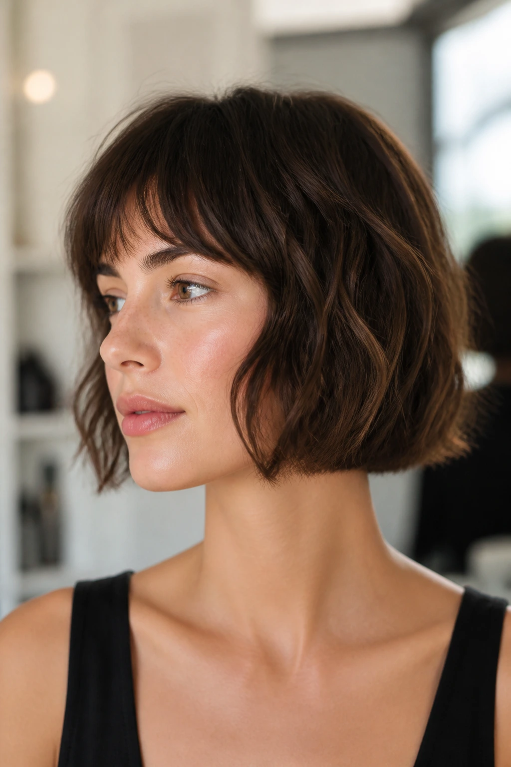 Close-up portrait of a real woman with boxy French bob softened by waves