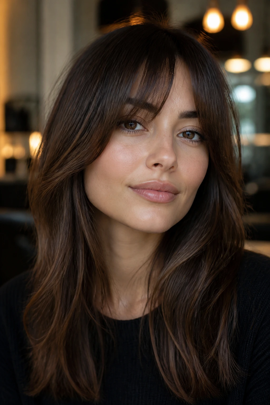 Portrait of a woman with bottleneck bangs showing tapered sides and cheekbone landing.
