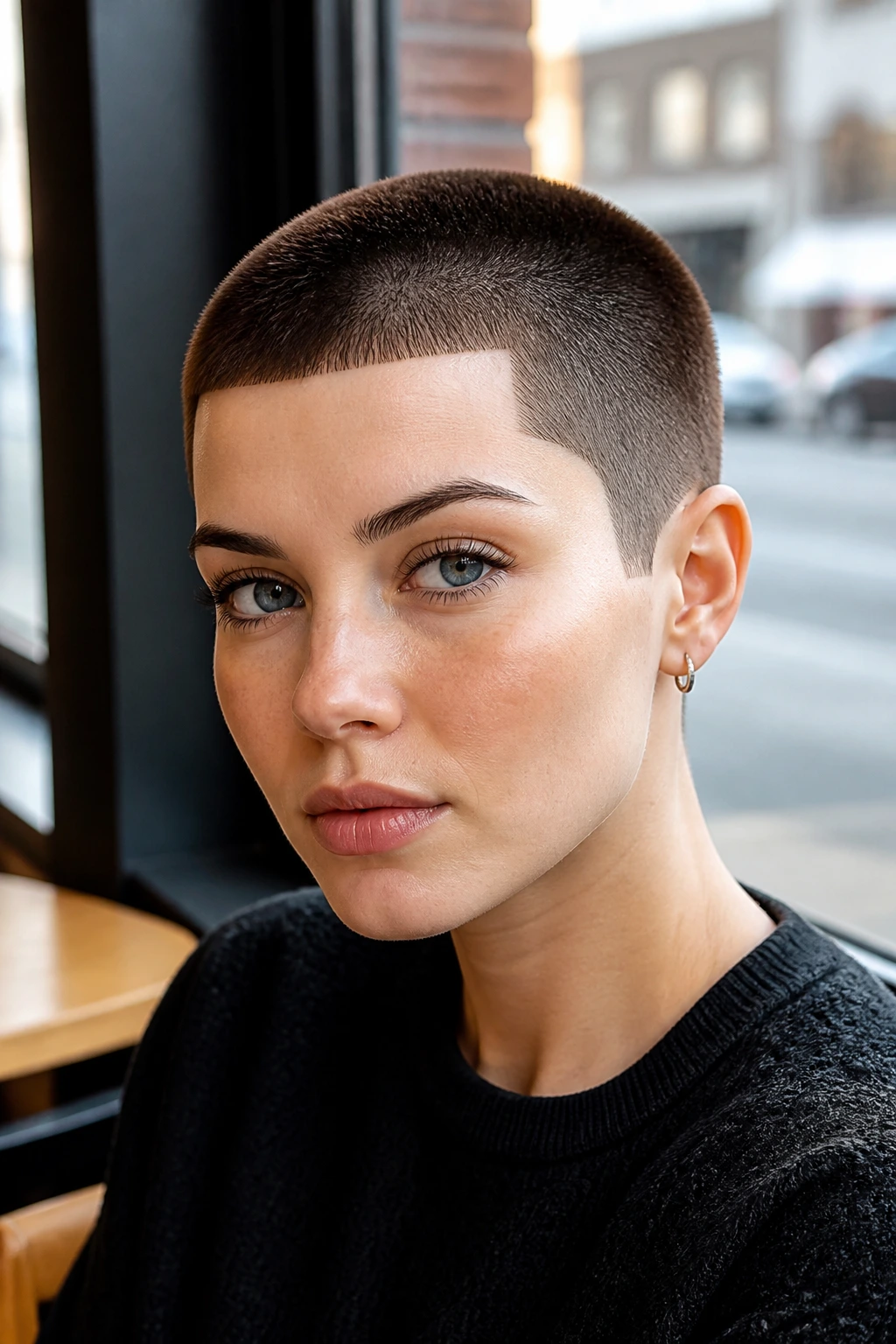 Portrait of woman with boxy graphic buzz in an urban cafe