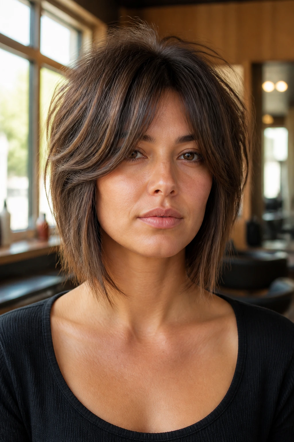Close-up of a real woman showing a boxy layered bob silhouette due to short top layers