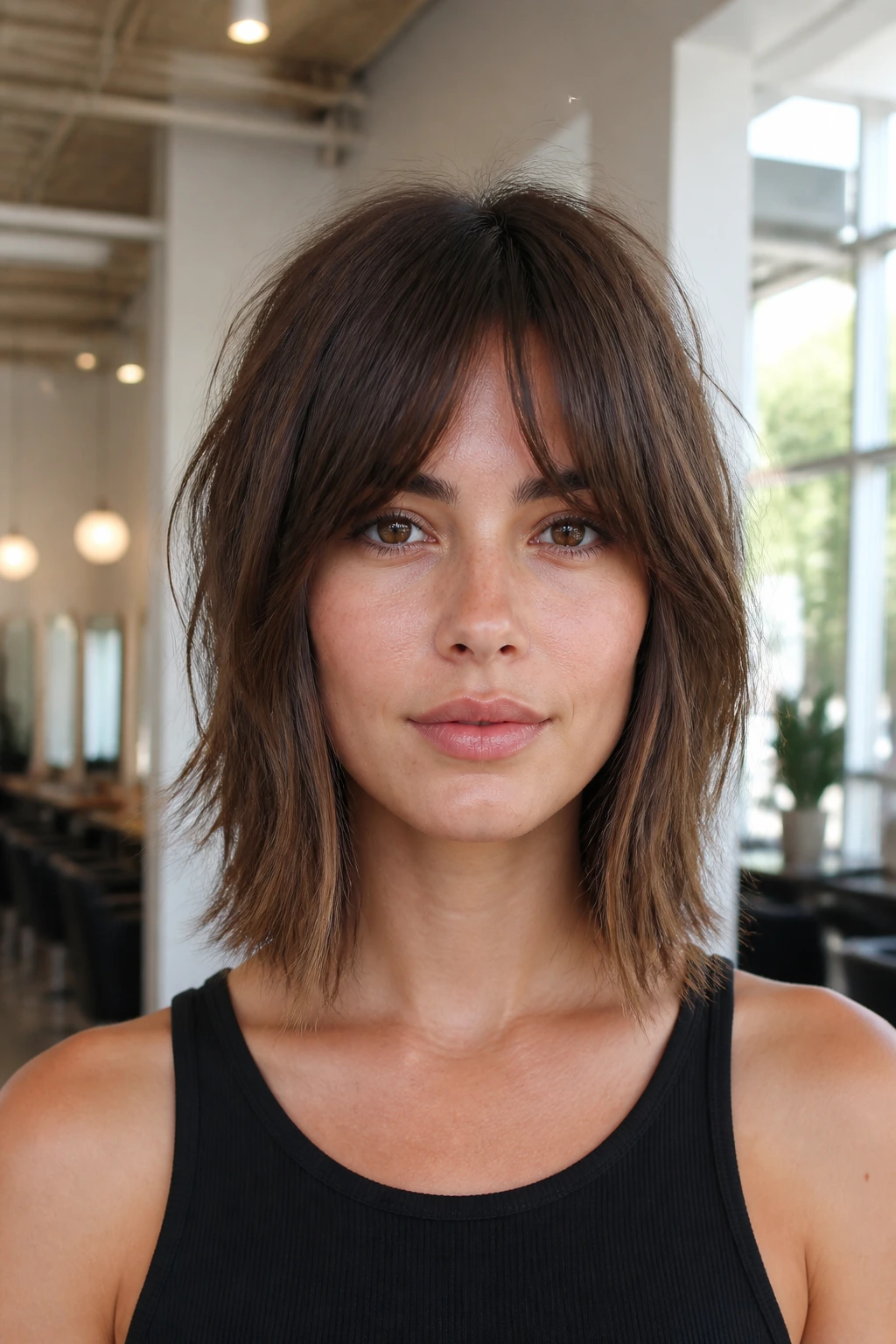 Real person wearing a boxy lob shag with longer front corners in a bright salon setting.