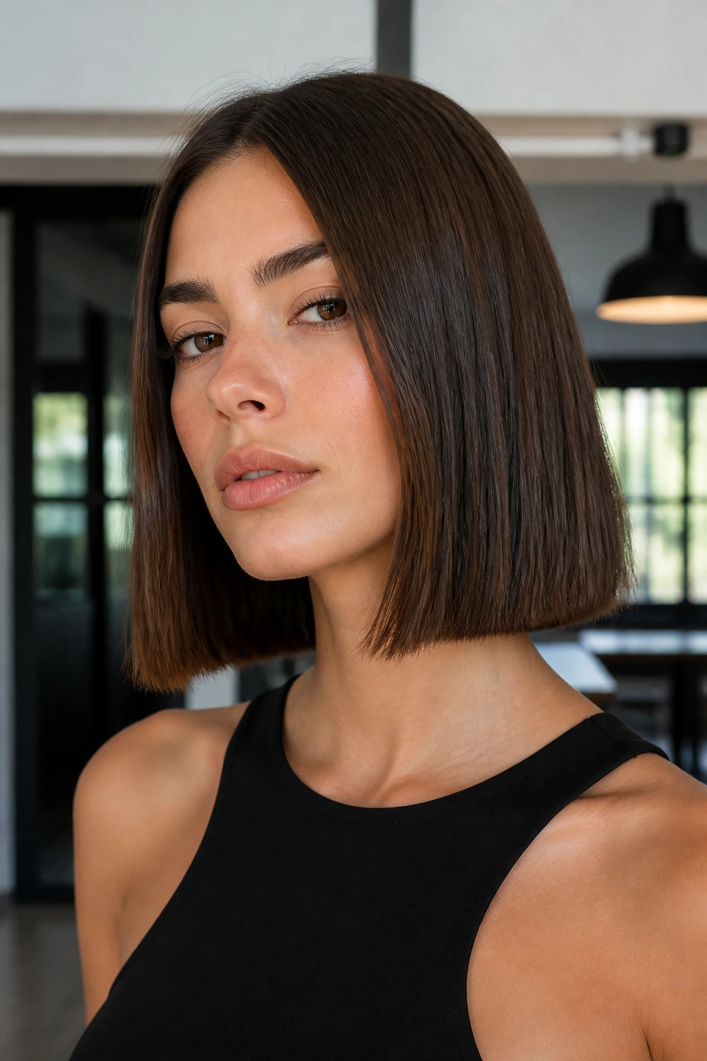 Portrait of a real woman with a boxy luxe lob and sharp perimeter