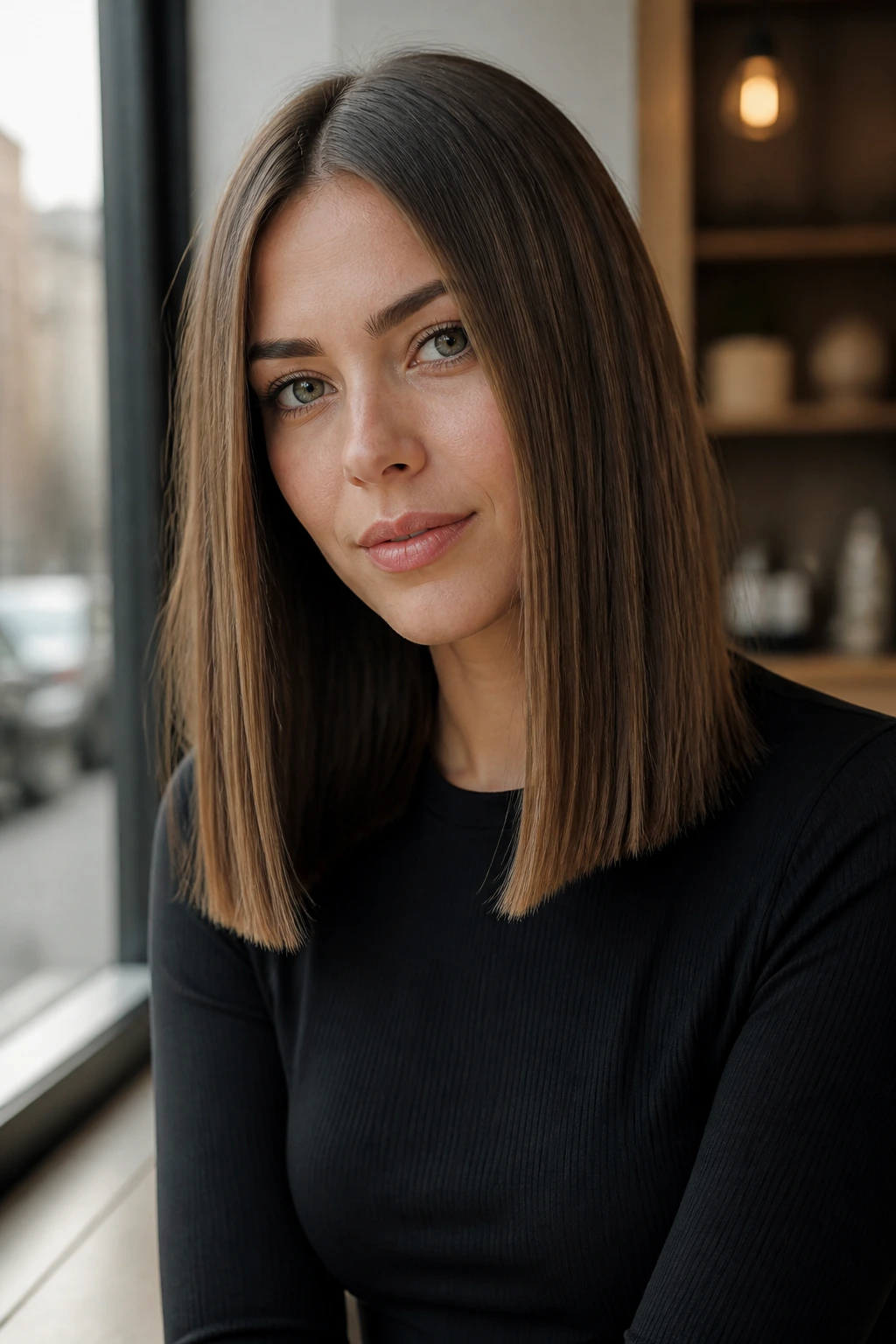 Close-up of a real woman with a blunt boxy midi cut showing a sharp square line