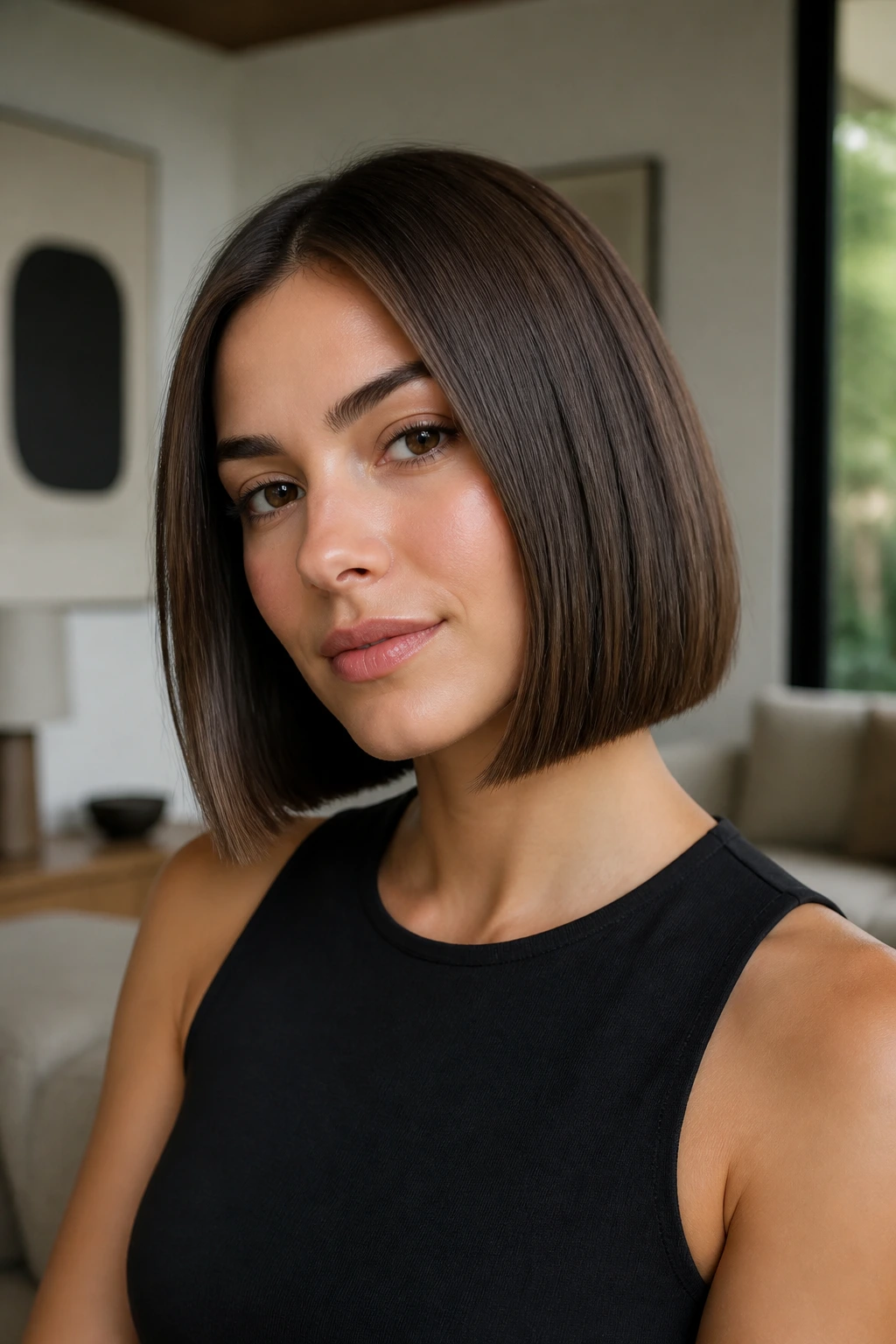 Close-up portrait of a real person with Boxy Minimal Lob hairstyle