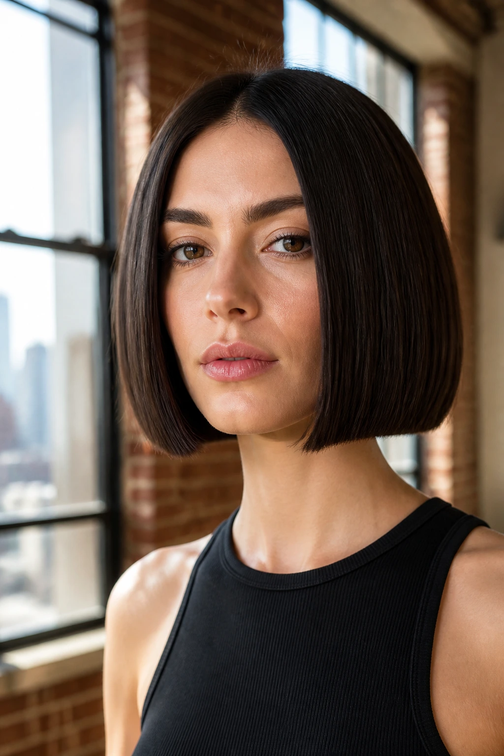 Close-up portrait of a real woman with a crisp, blunt boxy modern bob