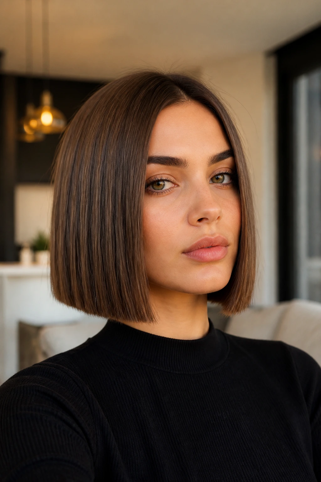 Close-up portrait of a real woman with a boxy precision lob featuring a sharp square silhouette