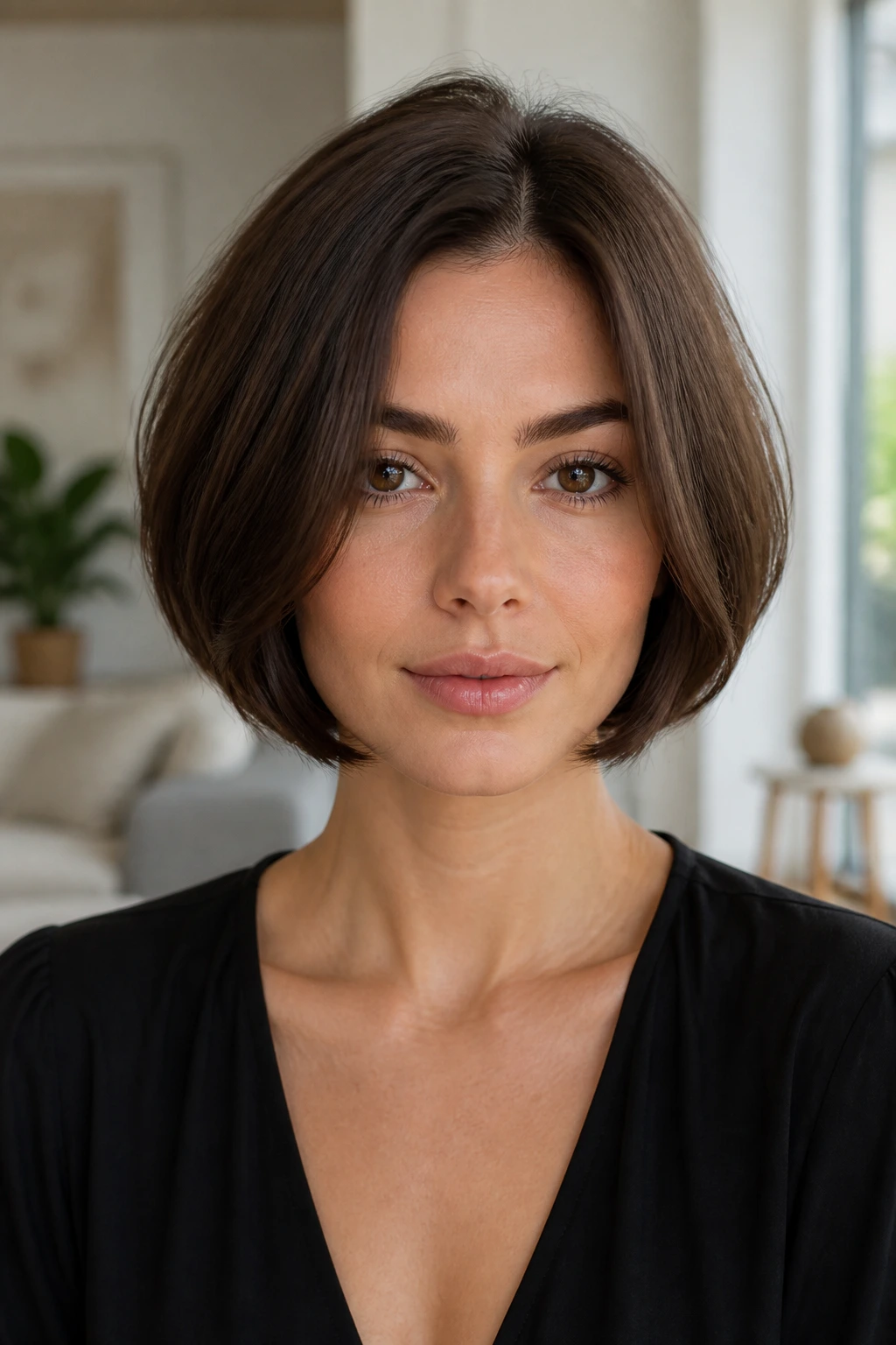 Close-up of a real woman with a boxy rounded bob showing fullness.