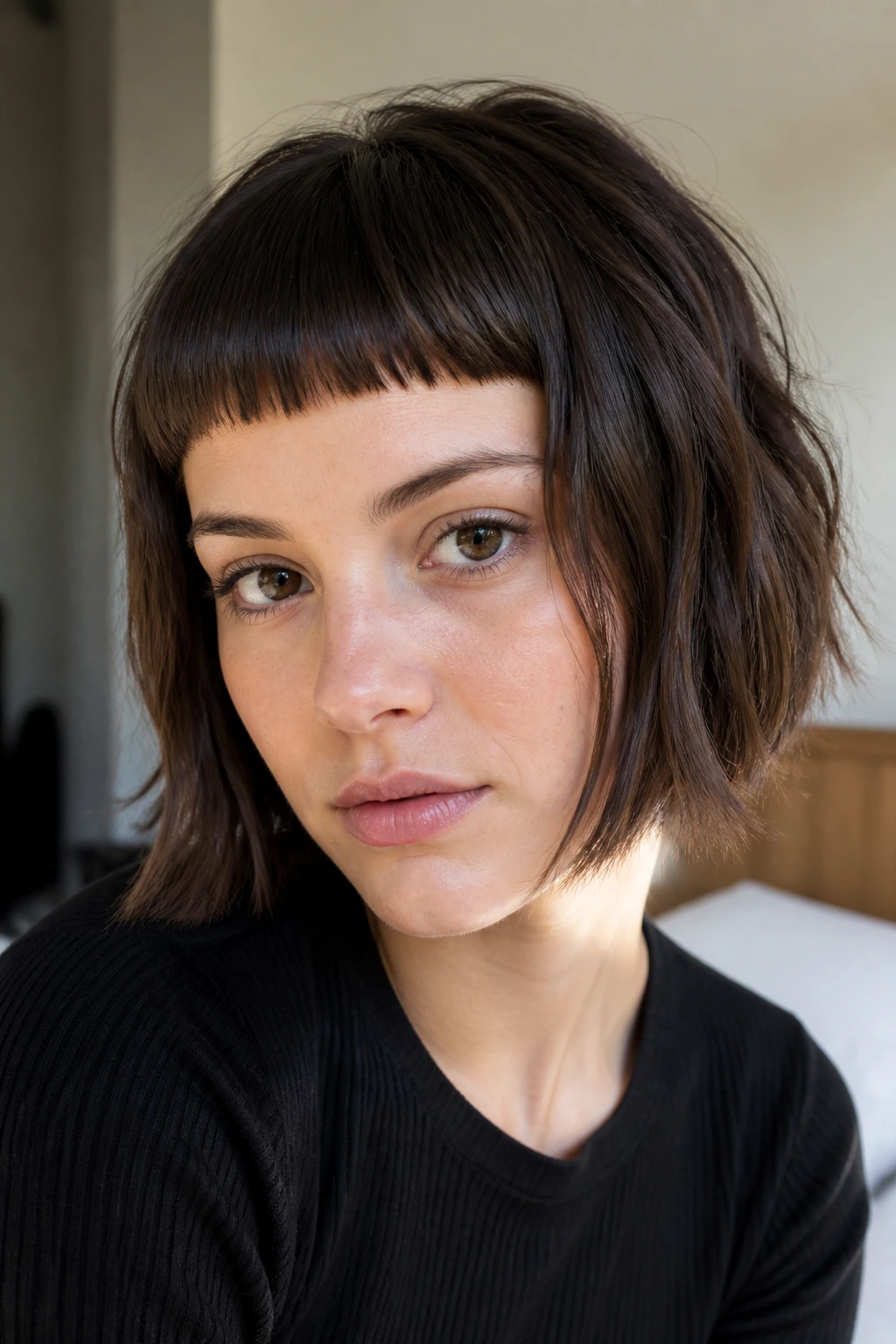 Close-up portrait of a real woman with chin-length boxy shag and blunt micro fringe