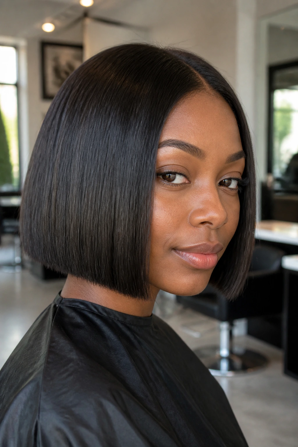 Portrait of a real Black woman with a boxy square bob