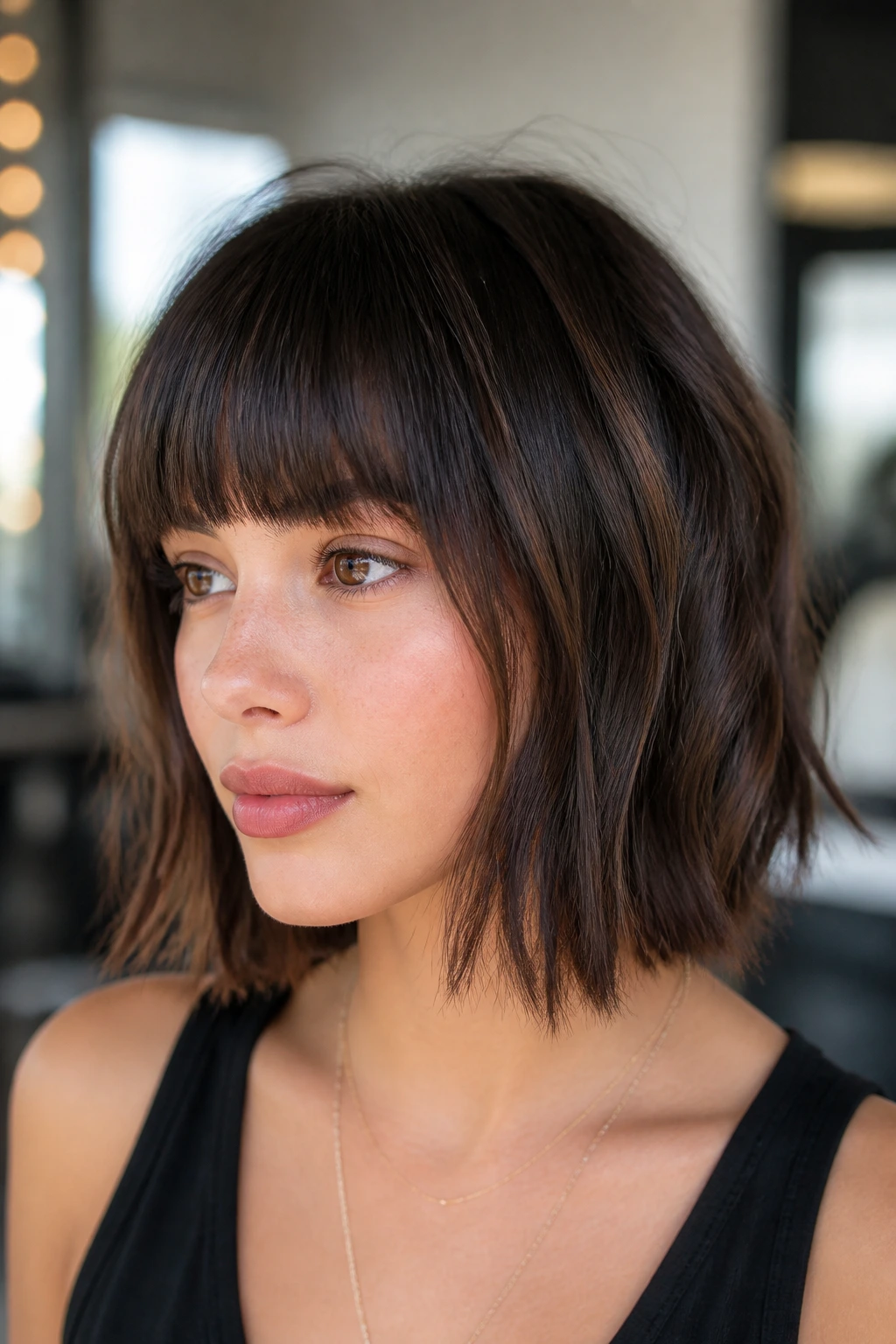 Close-up portrait of real person with boxy textured lob and blunt bangs