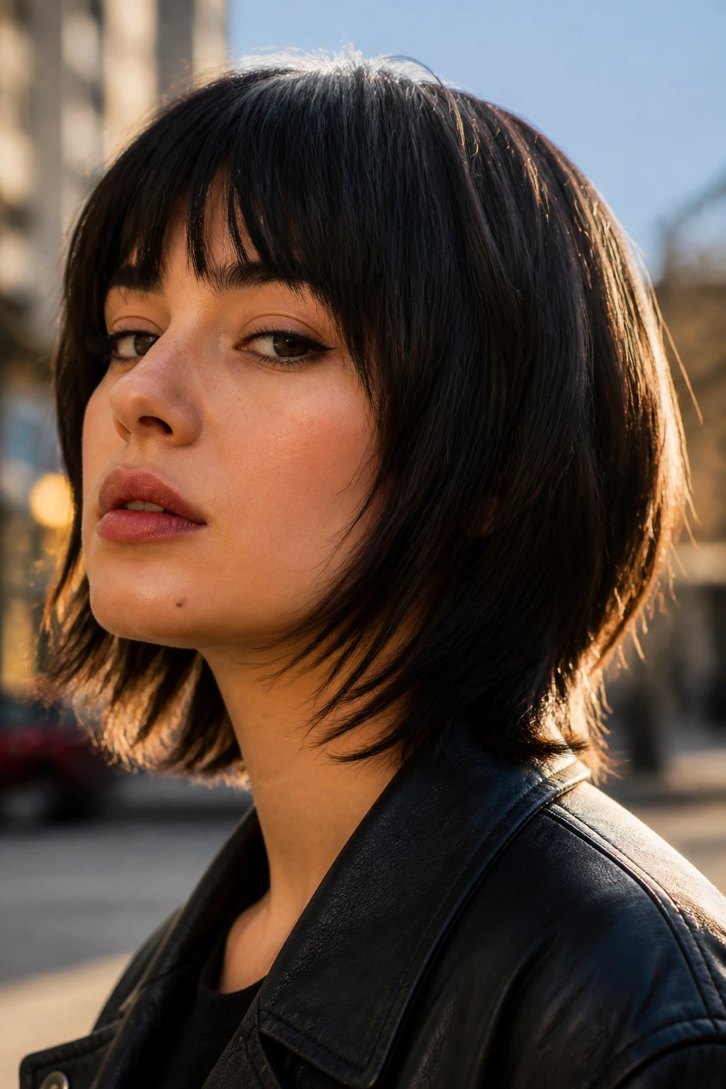 Close-up portrait of a real person with a boxy wolf cut featuring a square silhouette and bold fringe