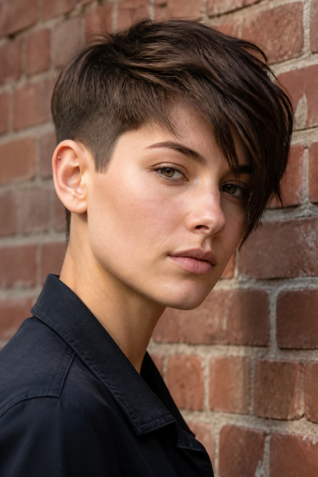 Close-up portrait of a real person with a boyish crop and long fringe against a brick wall