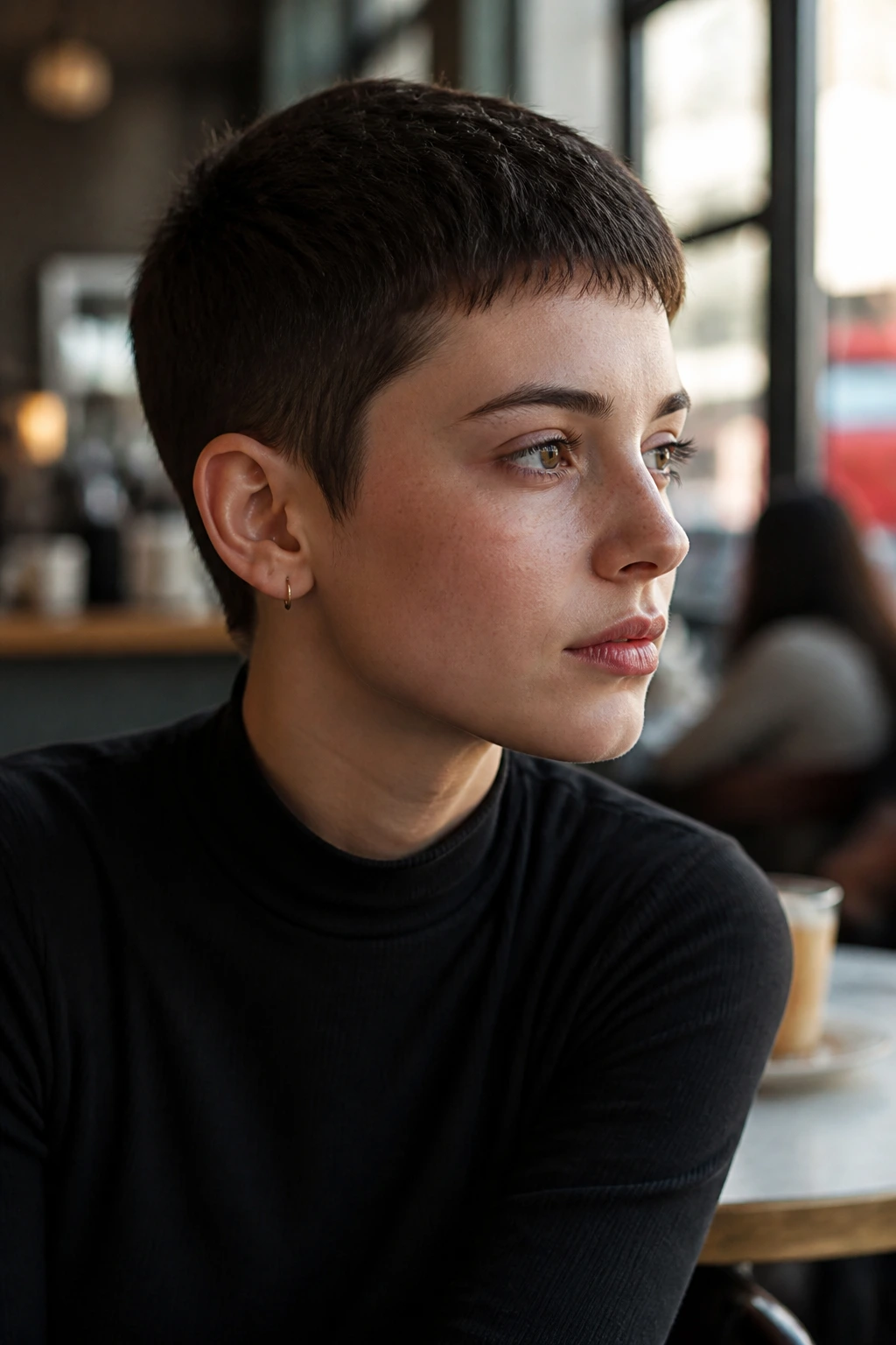 Close-up portrait of a real person with a crisp, minimal pixie cut