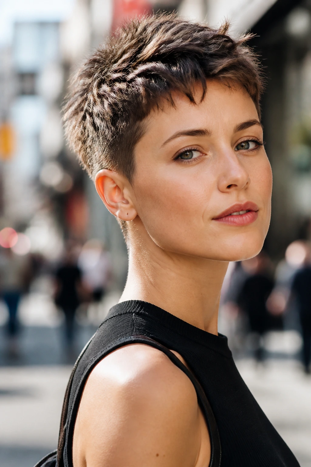 Close-up portrait of a real woman with a boyish tapered crop on an urban street