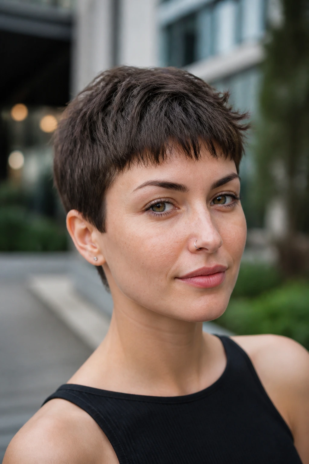 Portrait of a real woman with a boyish textured crop in an urban courtyard