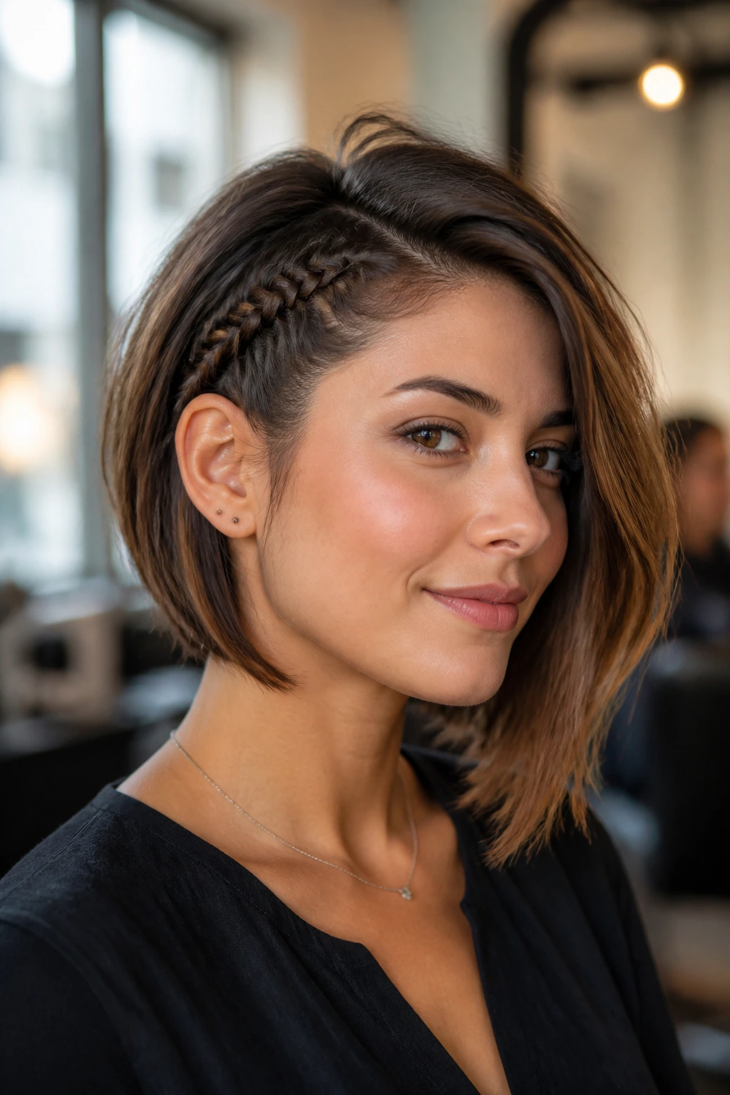 Close-up portrait of a real woman with a braided-accent asymmetrical bob.