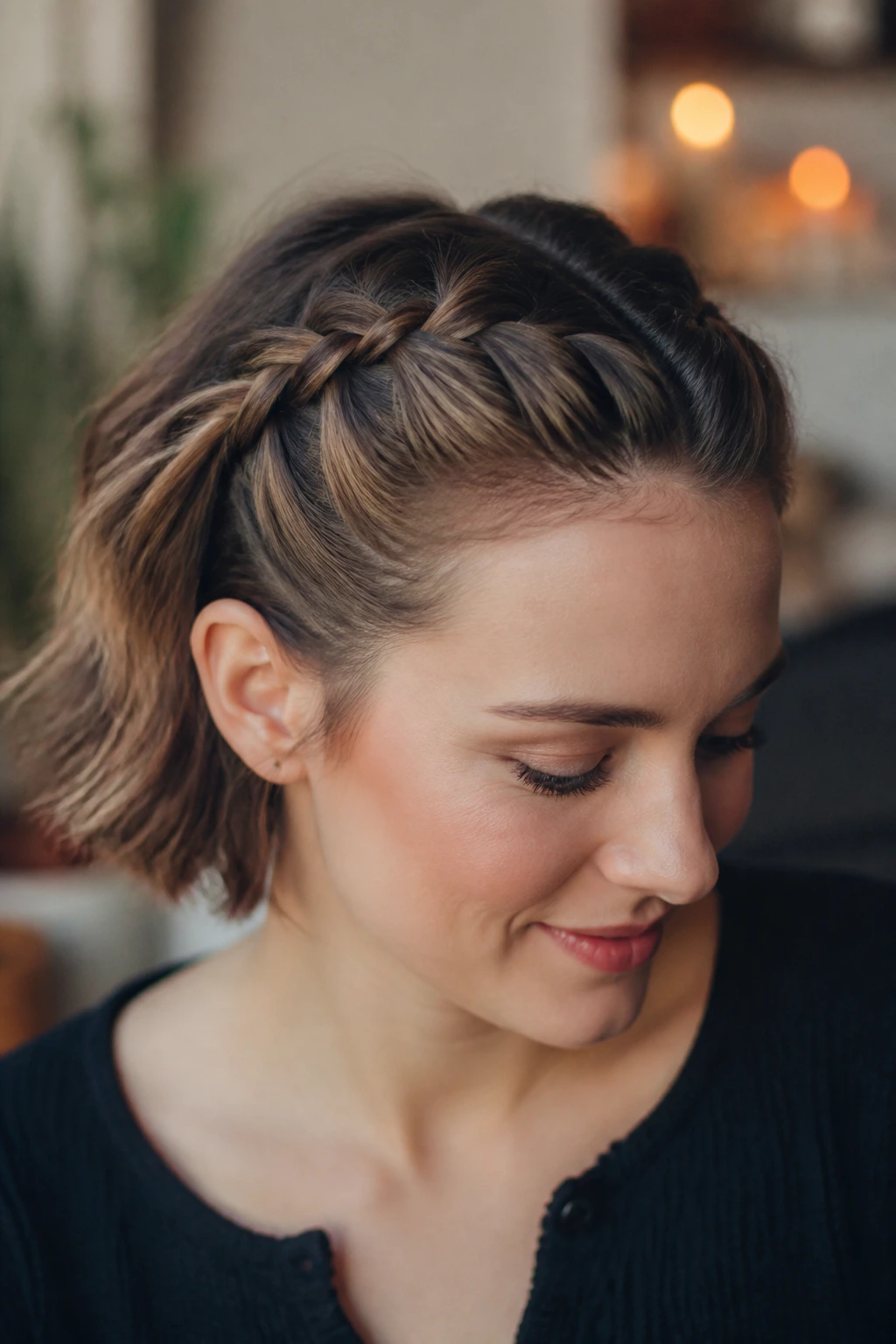 Fringe braided back on a real person with short bangs