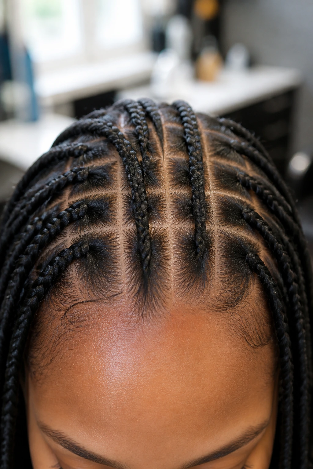 Close-up of knotless braid base showing even parts and clean scalp