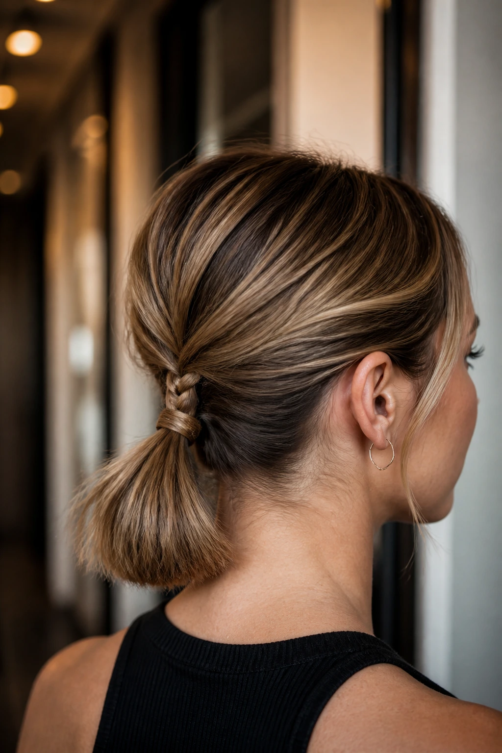 Real woman with a small braid at the base of a low ponytail.