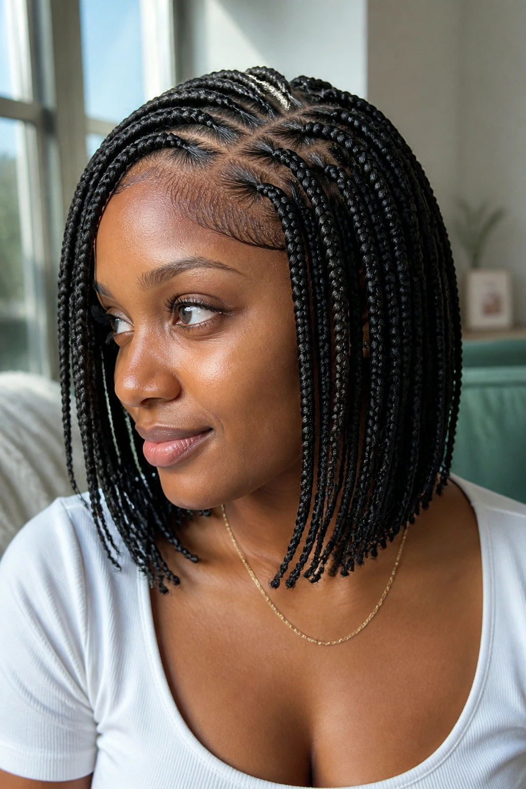 Close-up of real person with shoulder-length feed-in braid bob and even ends