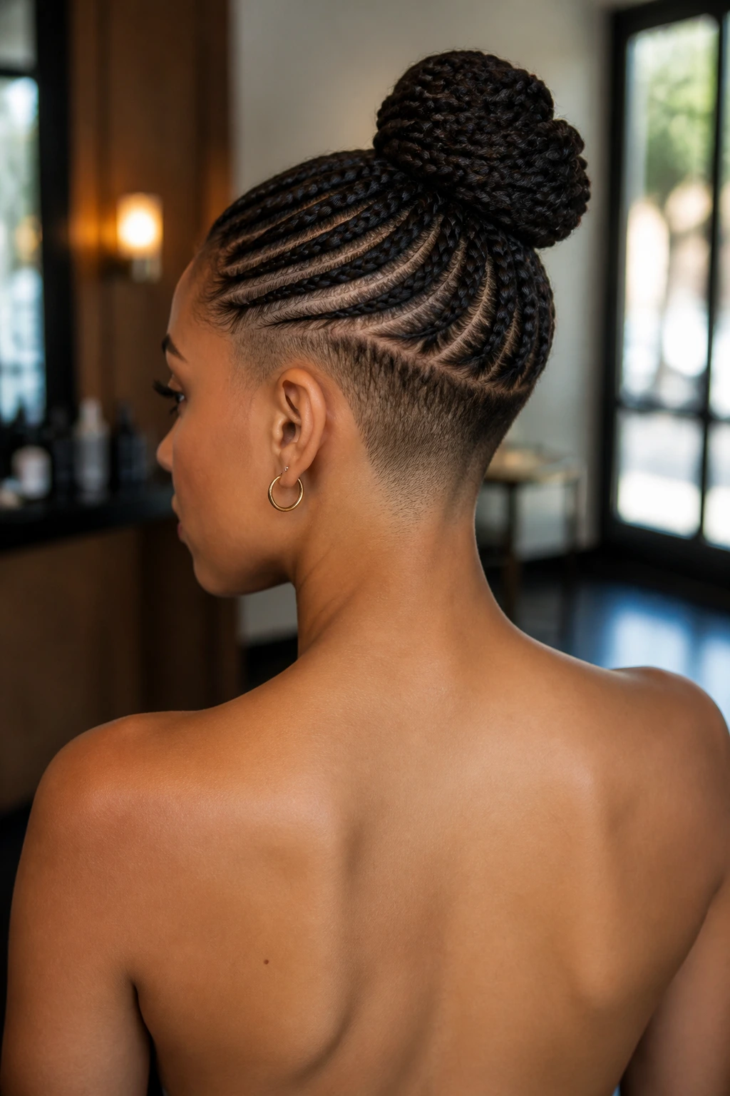 Close-up of a real woman's braid-into-bun updo with bare back.
