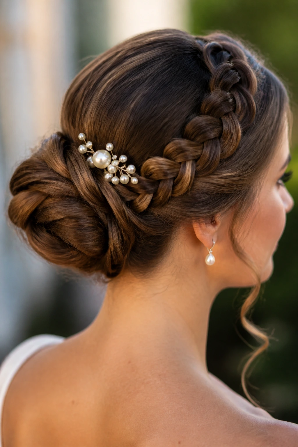 Bride's braid bun accented with pearls.