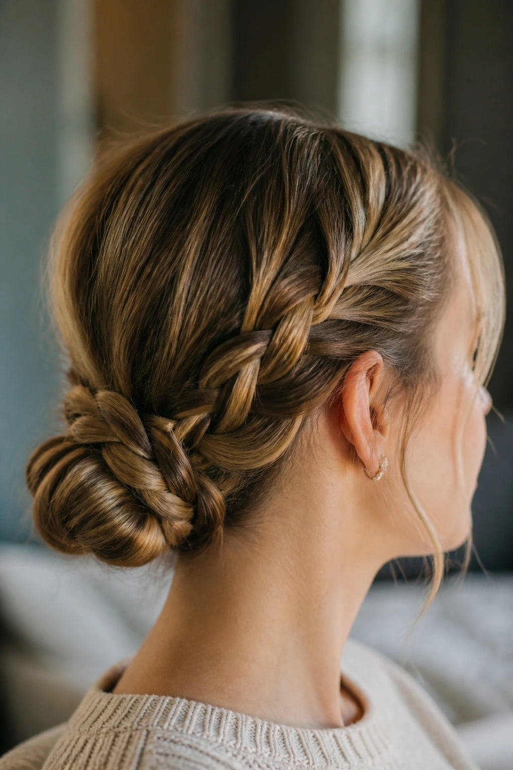 Close-up portrait of a woman with a braid-wrapped bun hairstyle