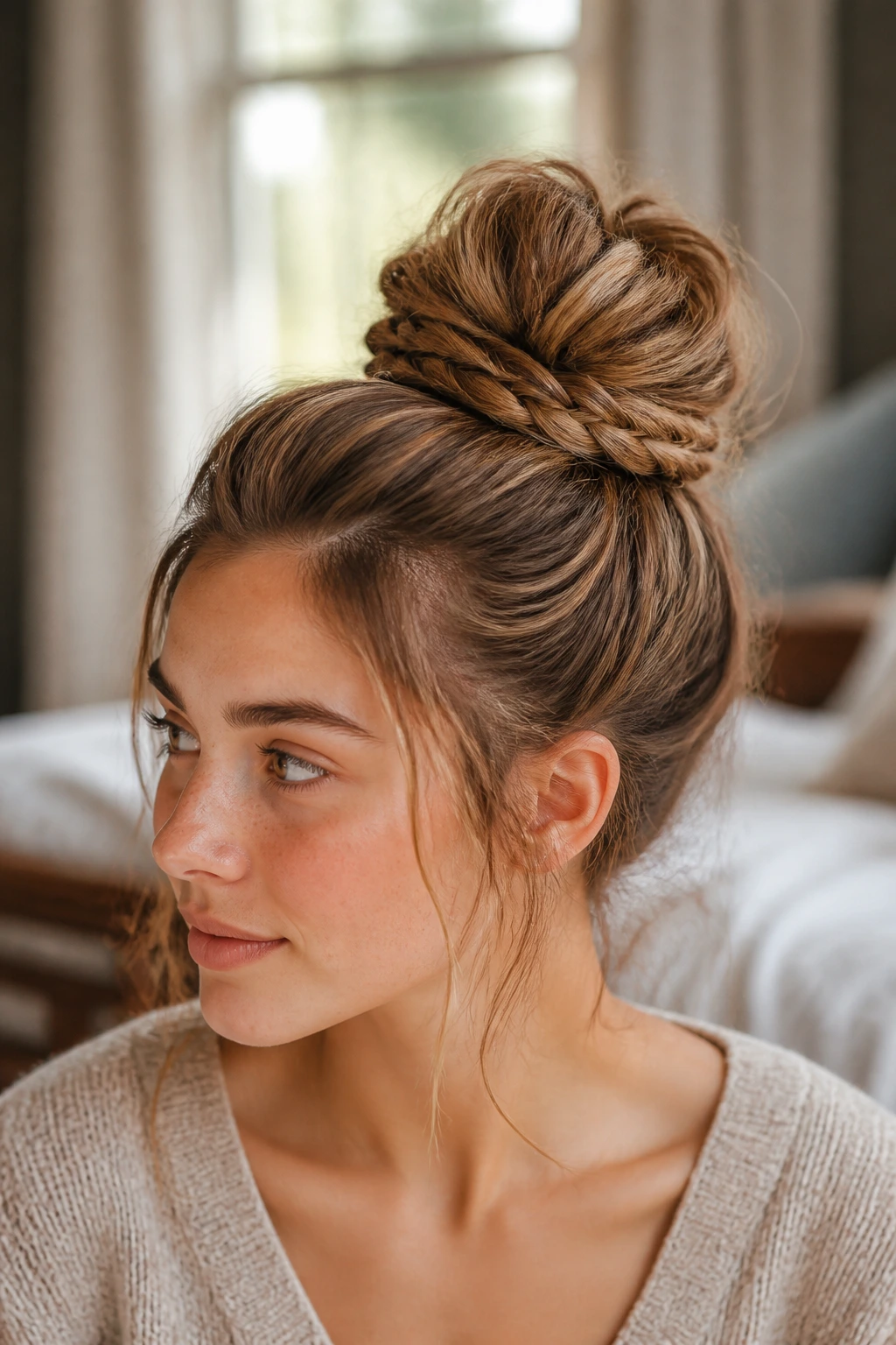 Close-up of a real woman wearing a braid-then-bun hairstyle.