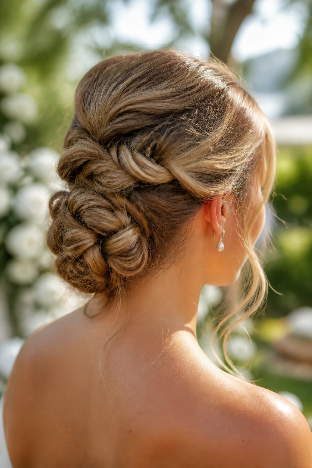 Close-up of a real bride with a tucked bun created from a folded braid outdoors