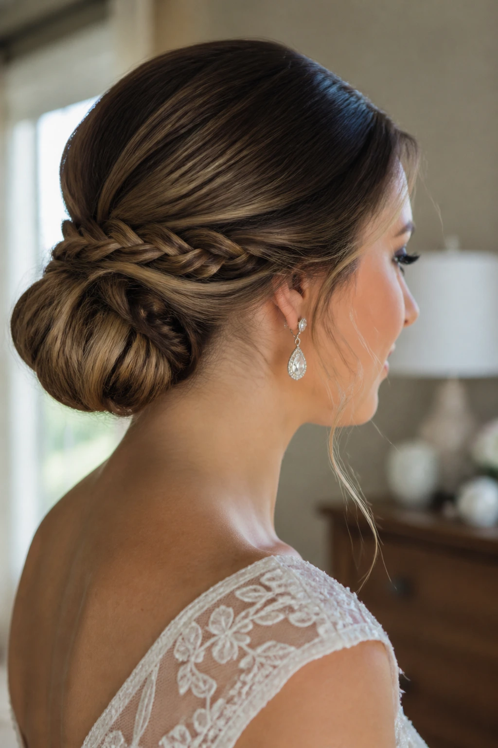 Close-up of a bride's low chignon with a delicate braid tucked into the seam at the back of the head