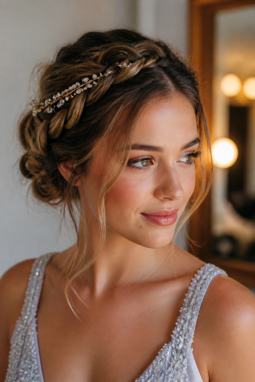 Real person wearing a crown braid variation as a named adaptation for prom hair