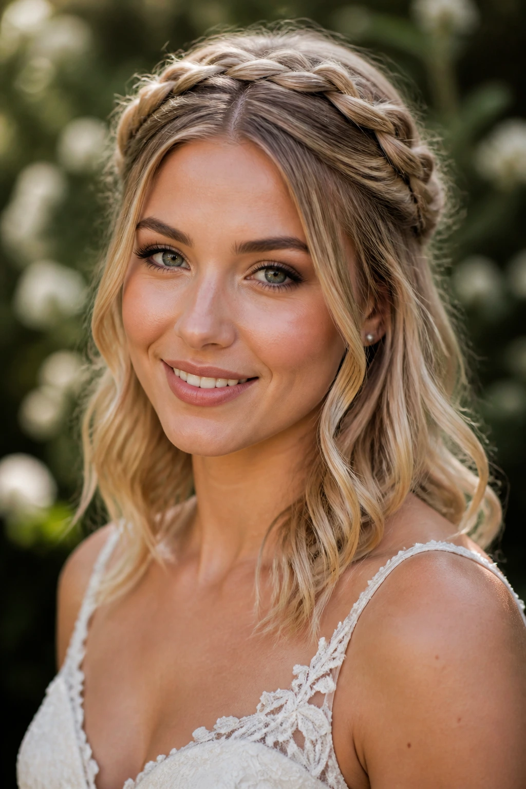 Bride with braided half-up crown hairstyle shown from the front