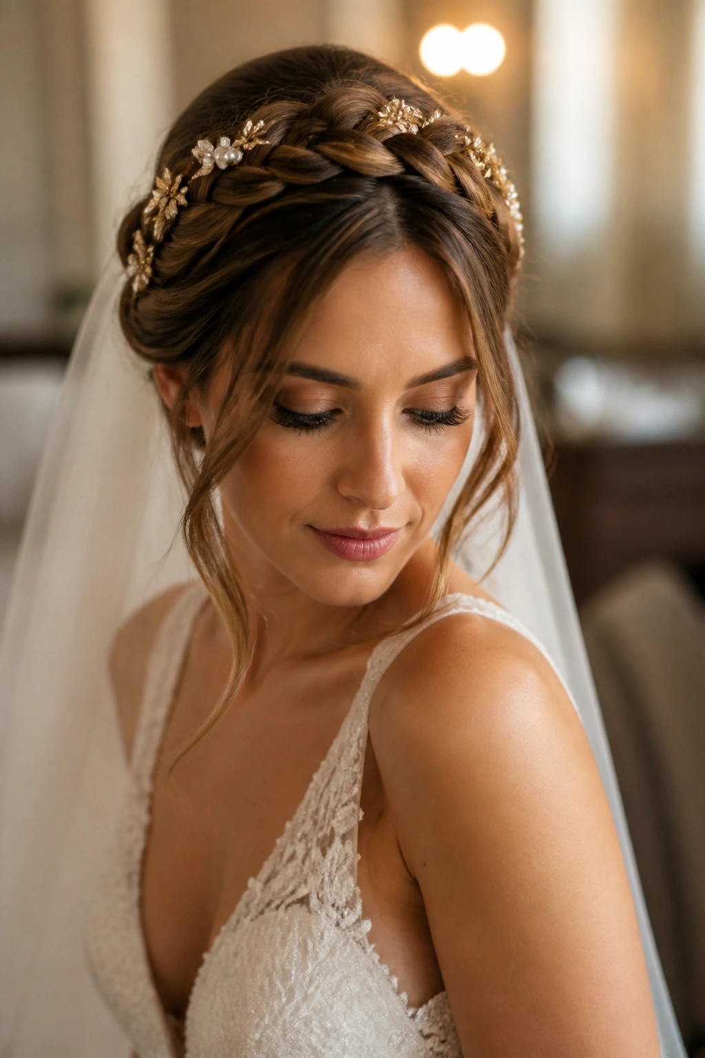 Close-up of a real bride with a gilded braid crown and micro wefts