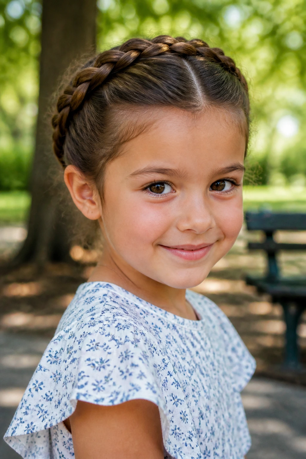 Portrait of a girl with a tucked braid crown on thick hair in park light