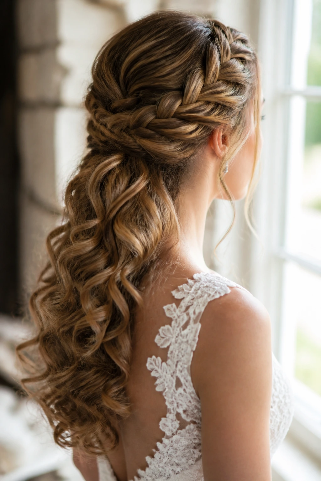 Bride with braid transitioning into cascading curls.