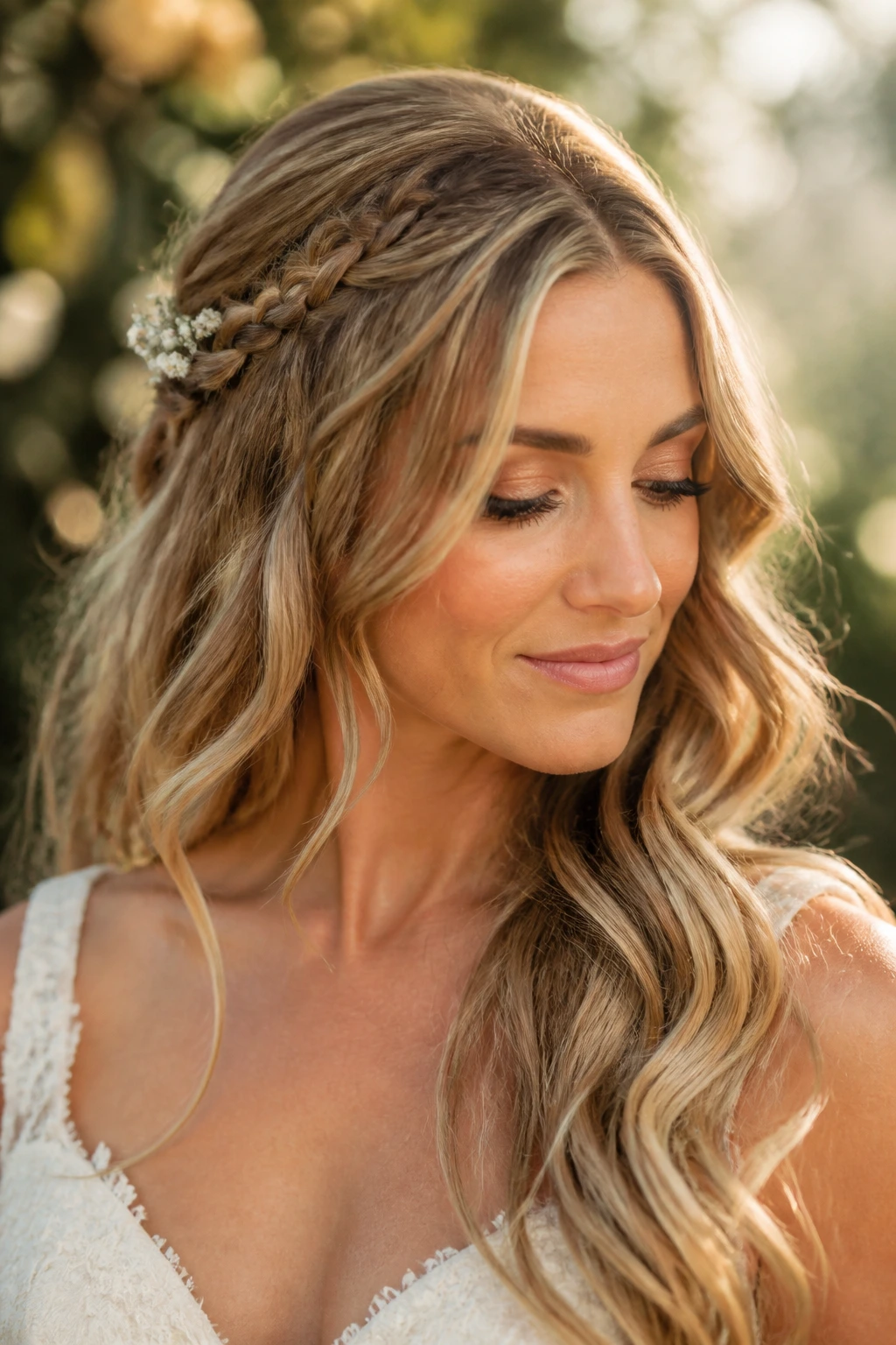 Bride showing two boho hairstyle variations: braid and curls